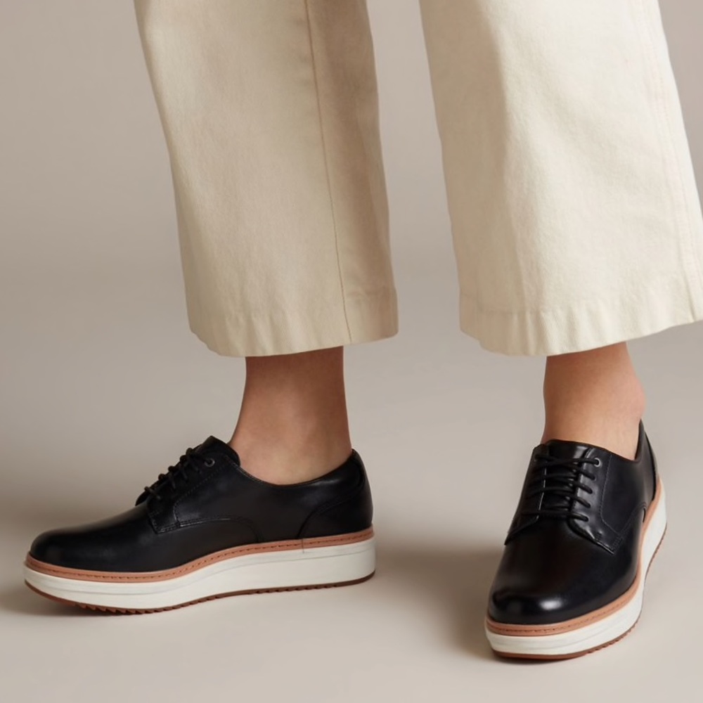 Clarks Black Leather Platform Lace-Up Loafers